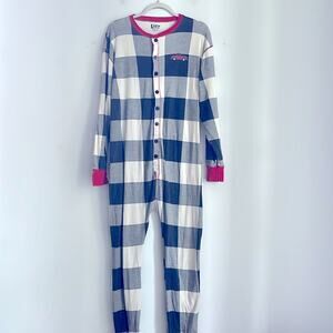 Lazy One Buffalo plaid button up Christmas holiday one piece butt flap pajamas